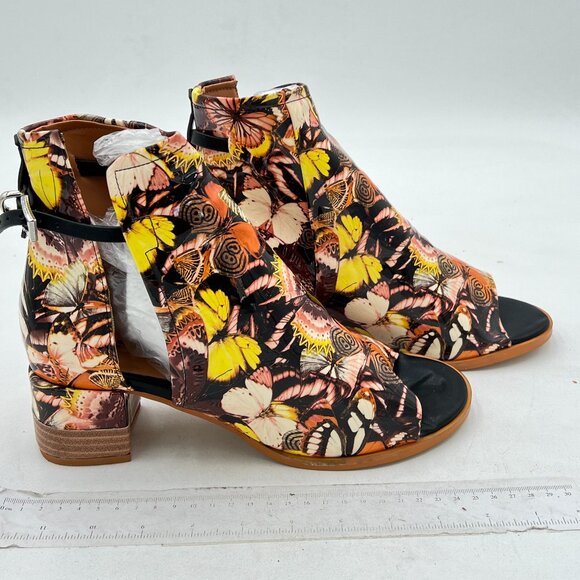 FSJ Brown Butterfly Print Peep Open Toe Cut Out Buckle Block Low Heel Ankle Boot - Picture 4 of 8